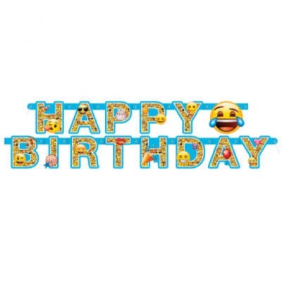Bandeirola azul com letras HAPPY BIRTHDAY decoradas com emojis coloridos