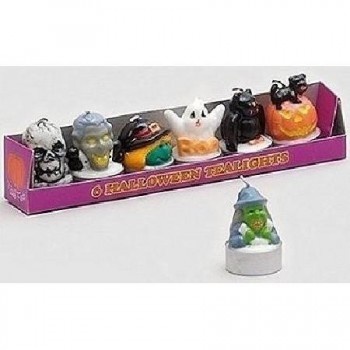 Conjunto de seis miniaturas de Halloween e uma adicional em base branca com chapéu azul