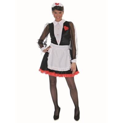 Fato de empregada preto com avental branco e detalhes vermelhos