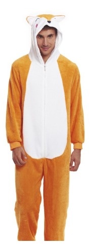 Macacão pijama de raposa em tecido felpudo castanho claro e branco com capuz