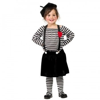 Fato de mime infantil com riscas e coração vermelho