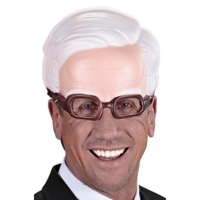 Máscara facial tridimensional de homem com cabelo branco, óculos e roupa formal