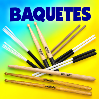 Conjunto de baquetas de bateria em fundo colorido com texto BAQUETES.
