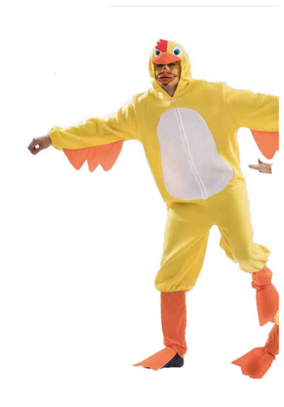 Fato de adulto amarelo e branco com capuz de pato e asas alaranjadas