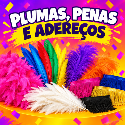 Plumas coloridas e adereços de franjas coloridas com texto PLUMAS, PENAS E ADEREÇOS