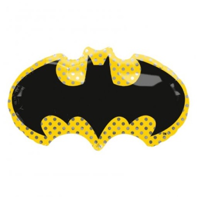 Balão formato símbolo Batman preto e amarelo com pontos prateados