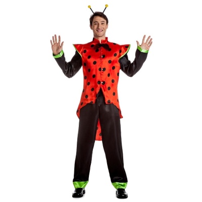 Fato de joaninha vermelho e preto com detalhes verdes para homem