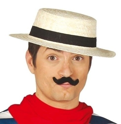 Homem com chapéu de palha, bigode postiço e lenço vermelho