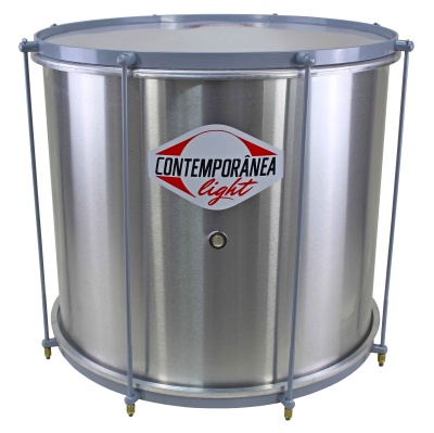 Tambor metálico prateado com texto CONTEMPORÂNEA Light