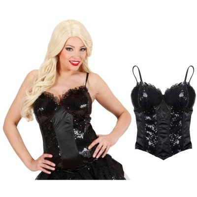 Corpete preto feminino com lantejoulas e renda, alças finas em fundo branco