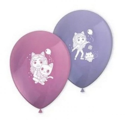 Dois balões roxo e lilás com personagens animadas e gato desenhados em branco