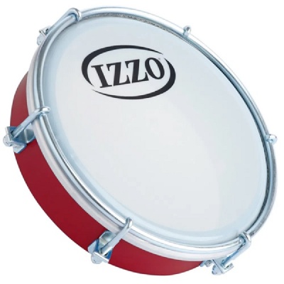 Tamborim vermelho com pele branca e aro metálico