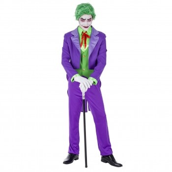 Fato de Joker com casaco roxo, colete verde, calças roxas e peruca verde