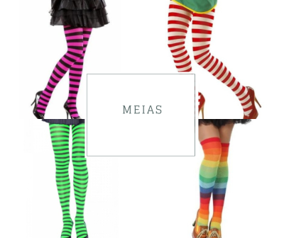 Quatro pares de meias riscas coloridas com texto MEIAS no centro.