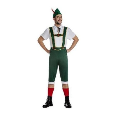Homem com fato de fantasia verde, branco e vermelho