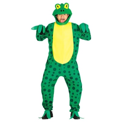 Fato de Carnaval infantil de rã verde com manchas pretas e ventre amarelo