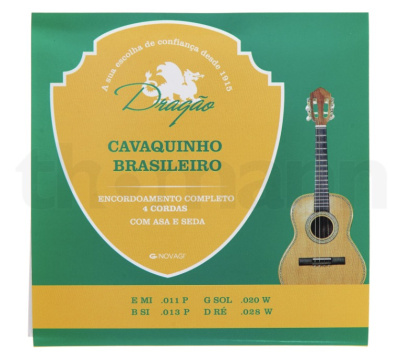 Embalagem de encordoamento para cavaquinho brasileiro com texto e imagem do instrumento