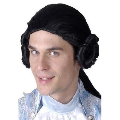 Homem com peruca preta histórica com caracóis laterais