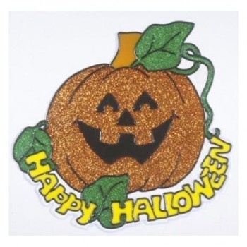 Decoração de Halloween abóbora brilhante com texto 'HAPPY HALLOWEEN' amarelo