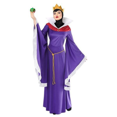 Vestido roxo longo com gola alta branca e capa vermelha, coroa dourada e maçã verde