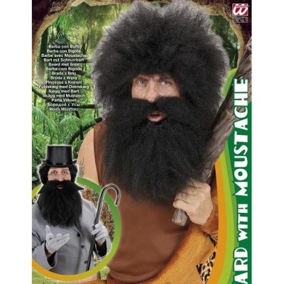 Embalaem com barba e bigode falsos pretos com cabelo volumoso para fantasia com texto BEARD WITH MOUSTACHE e várias traduções de barba.