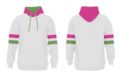 Camisola branca com capuz rosa e riscas rosa e verde nas mangas
