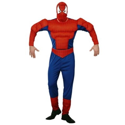 Fato Homem-Aranha vermelho e azul com máscara e músculos almofadados