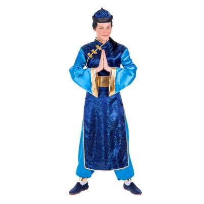 Fato tradicional masculino azul escuro e azul claro com cinto dourado e chapéu