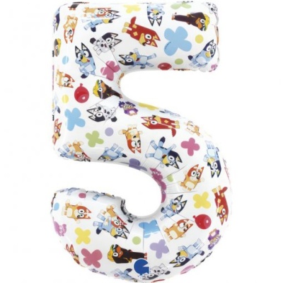 Balão em formato do número 5 com padrão colorido de cães e elementos lúdicos