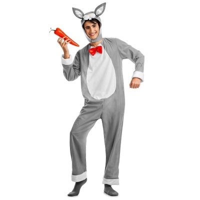 Fantasia de coelho cinzenta e branca com capuz e laço vermelho