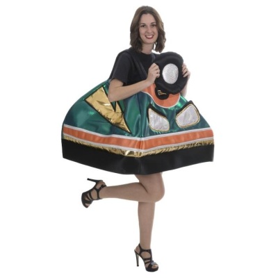 Saia volumosa colorida verde, dourado, laranja e preto com padrão geométrico