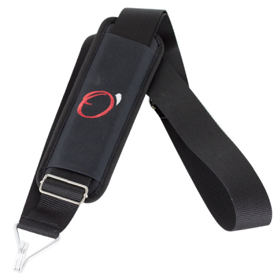 Correia preta com almofada acolchoada e logótipo vermelho e branco