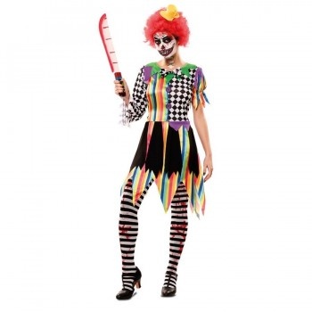 Fantasia de palhaço colorida com faca falsa listrada