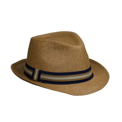 Chapéu fedora de ráfia castanho com fita listrada azul escuro e bege