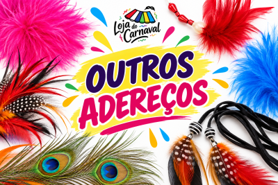 Cartaz com texto Outros Adereços e várias plumas coloridas e penas de pavão ao redor.