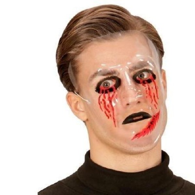 Máscara facial transparente com pintura de lágrimas vermelhas e lábios pretos