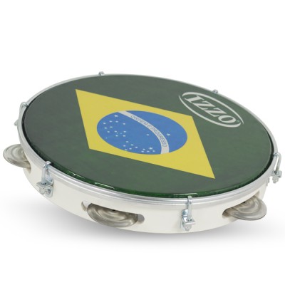 Pandeiro branco com pele preta decorada com a bandeira do Brasil e texto IZZO