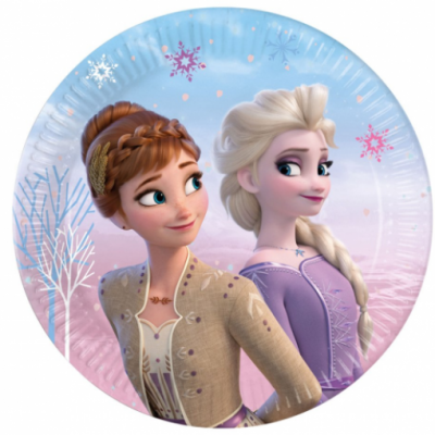 Prato de papel com personagens Anna e Elsa do filme Frozen e flocos de neve coloridos