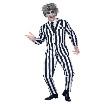 Fato masculino riscas pretas e brancas com gravata preta e pessoa maquilhada para Halloween