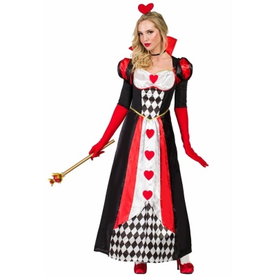 Fato de rainha de copas com cetro e luvas vermelhas