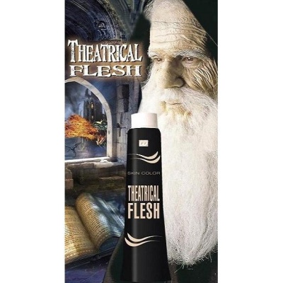 Tubo preto de maquilhagem THEATRICAL FLESH com fundo de castelo e figura de velho com barba.