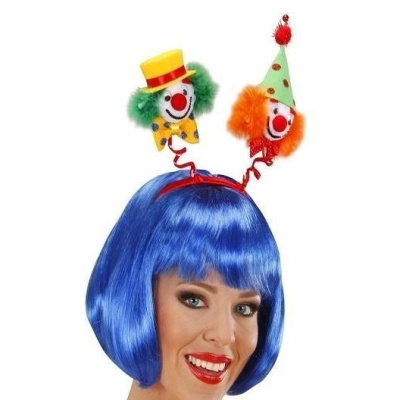 Peruca azul com tiara de palhaços coloridos em molas