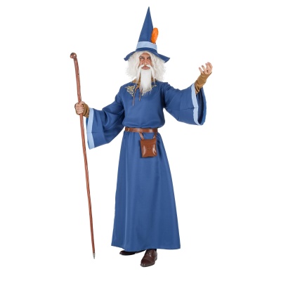 Fato de bruxo azul com chapéu e cajado