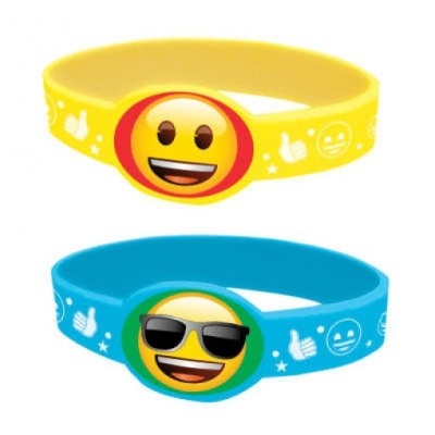 Braceletes amarelo e azul com emojis e desenhos de mãos e estrelas