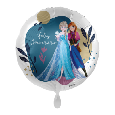 Balão redondo Branco com personagens Frozen e texto 'Feliz Aniversário'