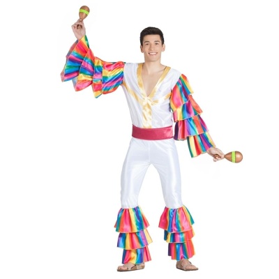 Fato colorido com babados e maracas em fundo branco