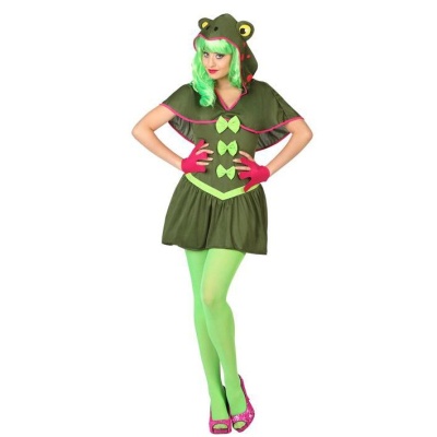 Fantasia de rã feminina com vestido verde escuro, laços verdes claros, luvas rosa, collants verdes e capuz com olhos de rã