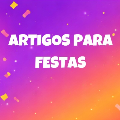 Fundo colorido com confetis e texto ARTIGOS PARA FESTAS em branco