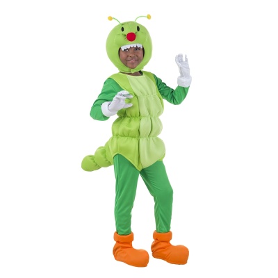 Fato infantil de lagarta verde com detalhes amarelos, luvas brancas e botas laranja