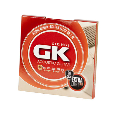 Conjunto de cordas para guitarra acústica GK em embalagem vermelha e bege